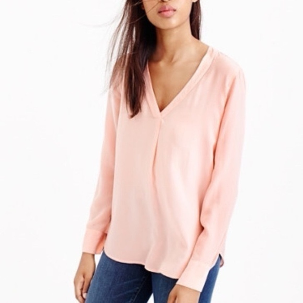 J. Crew Classic Blush Pink Long Sleeve V-Neck Minimalist Blouse Size Large L